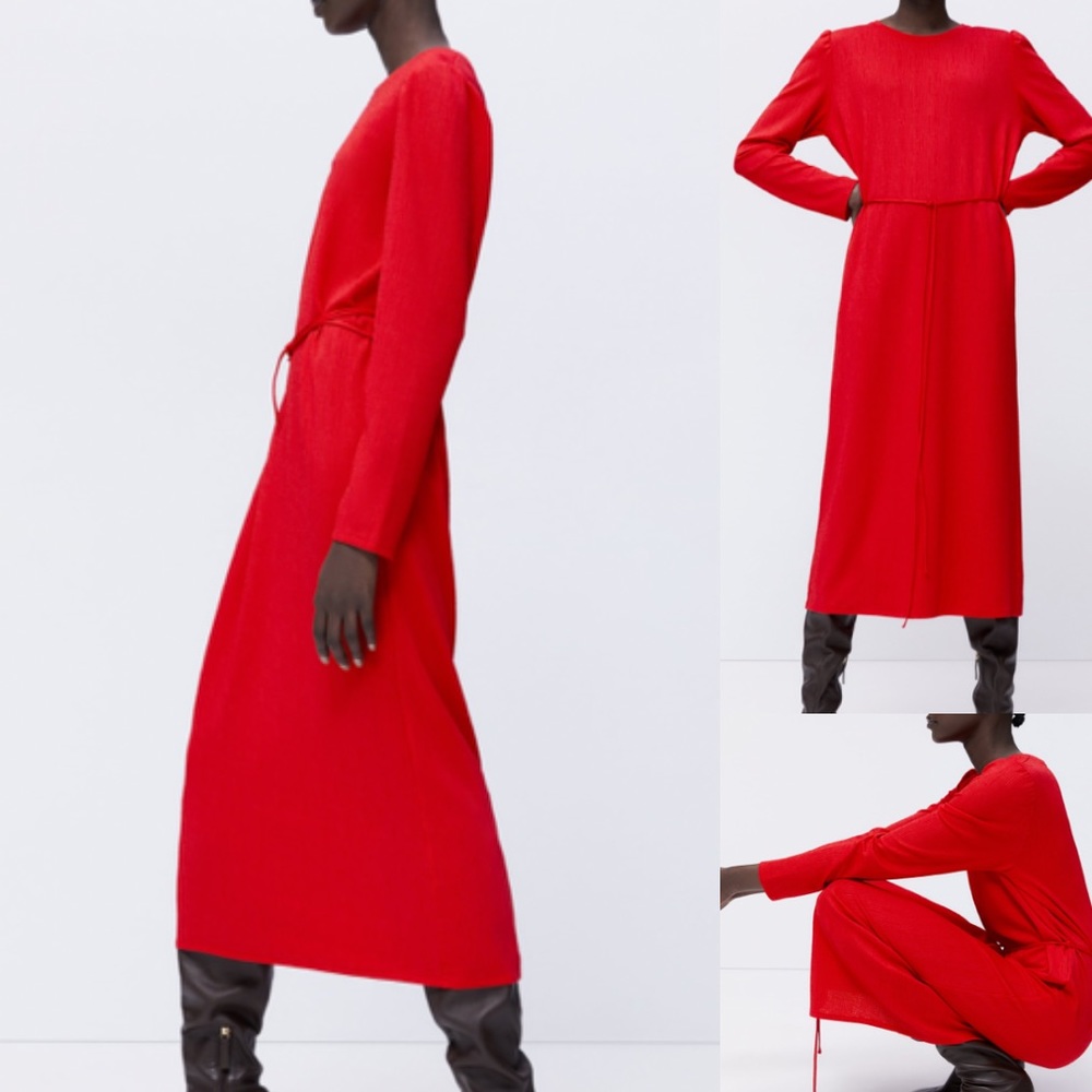 Zara Belted Midi Dress - Red